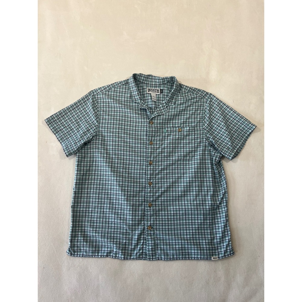 Duluth Trading Co Mens XL Relaxed Fit Untucked Plaid Short Sleeve Shirt Green - Picture 1 of 8